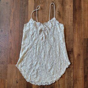 Vintage Private Luxuries White Cream Lace Pearl Beaded Slip Cami